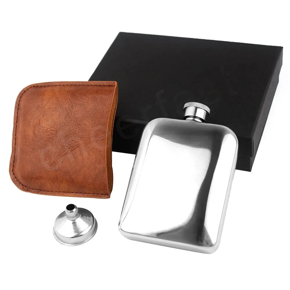 PERSONALIZED Stainless Steel Hip Flask Gift Set with Premium Tan PU Leather Sleeve and funnel.