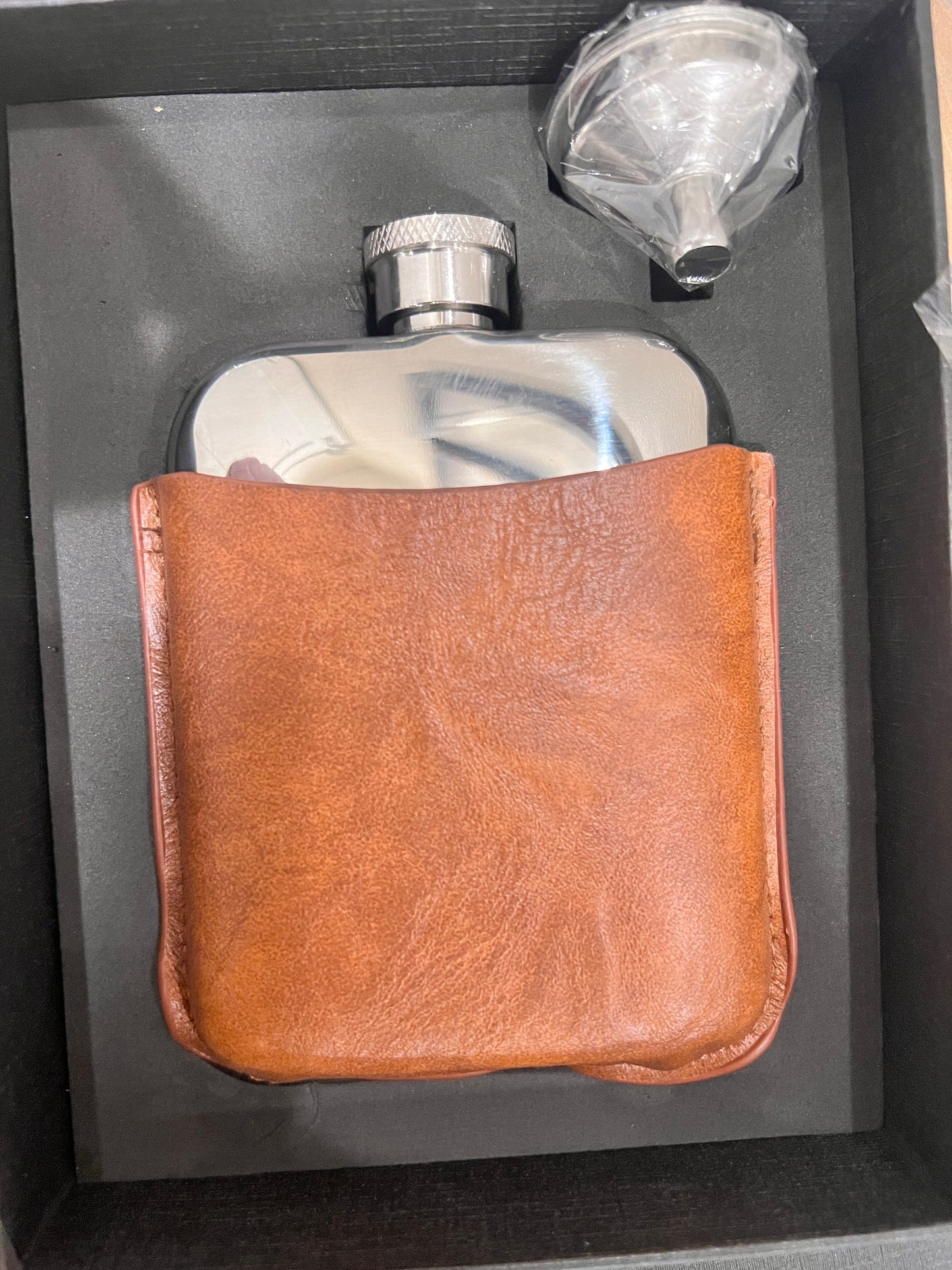 Blank (no logo) Stainless Steel Hip Flask Gift Set with Premium Tan PU Leather Sleeve and funnel for Engraving or Personalization
