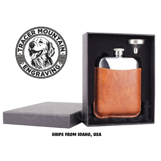 Blank (no logo) Stainless Steel Hip Flask Gift Set with Premium Tan PU Leather Sleeve and funnel for Engraving or Personalization