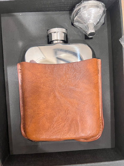 Blank (no logo) Stainless Steel Hip Flask Gift Set with Premium Tan PU Leather Sleeve and funnel for Engraving or Personalization