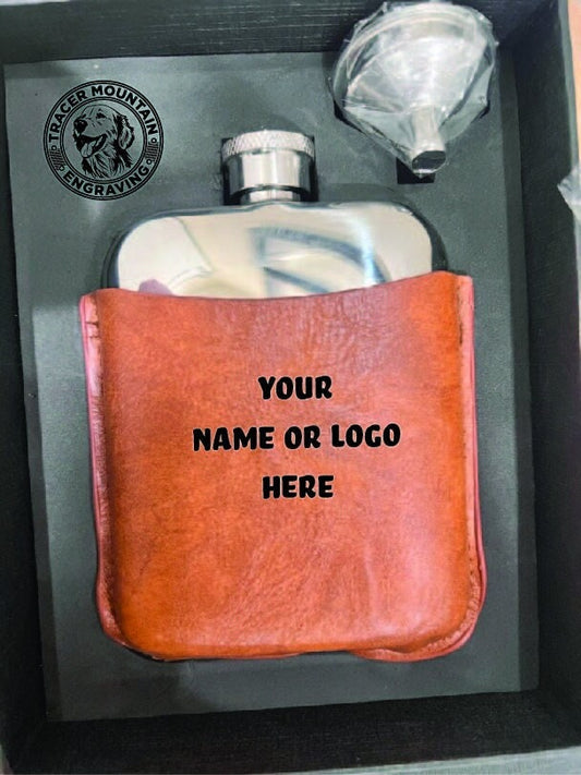 PERSONALIZED Stainless Steel Hip Flask Gift Set with Premium Tan PU Leather Sleeve and funnel.